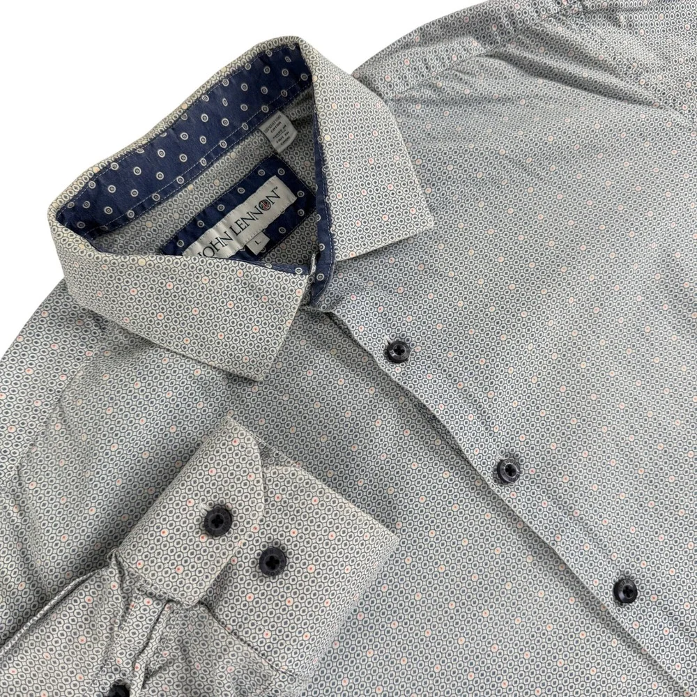 John Lennon Shirt Mens L Blue Geometric Circle Print Long Sleeve‎ Button Down